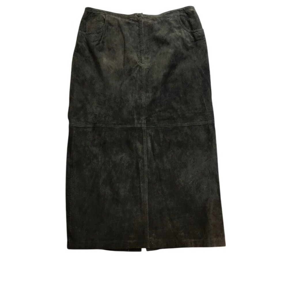 North‎ West Blue Suede Midi Skirt Women Size 16 Dark Brown Leather